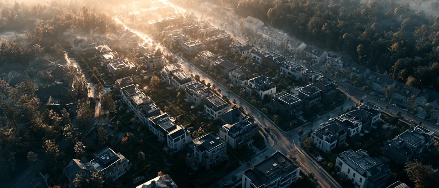 Deutsches Wohngebiet aus der Vogelperspektive — Zusammenhang zwischen Zinsen und Immobilienpreisen